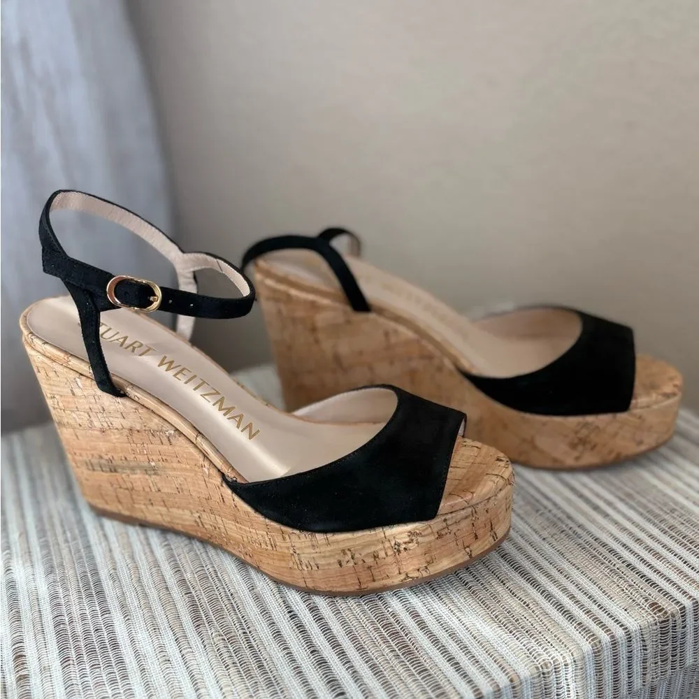 Stuart Weitzman Black Suede Leather Cork Wedge Heels New with Dust/Box NWT $425 - Picture 2 of 6